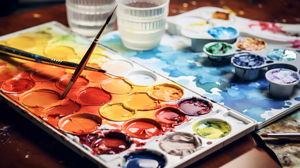 An artist's palette, alive with the vibrant colors of oil and pastel, ready for the creative journey ahead in Susan Kelley's art class.